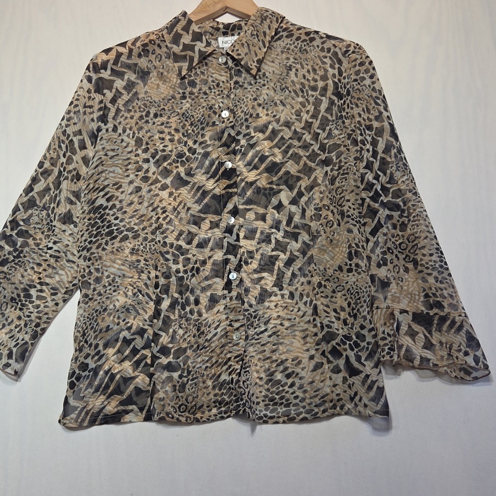 Nicola Womens Large Sheer Animal Print Button Front Blouse 3/4 Bell Sleeve